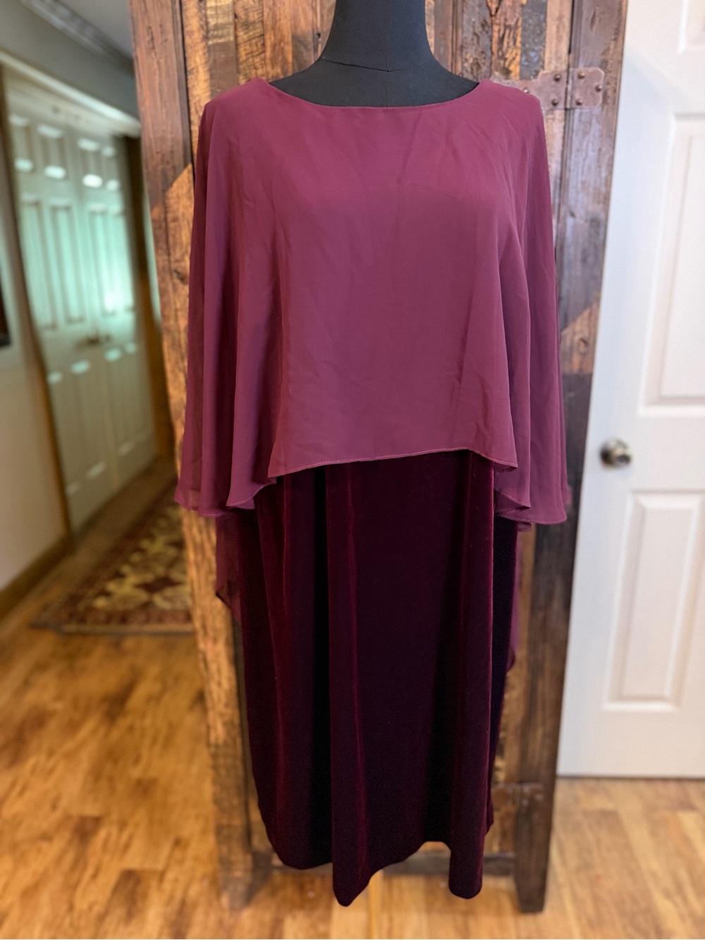 Addison Evenings Burgundy Velvet Cape Dress 18W Chiffon Overlay Formal Evening